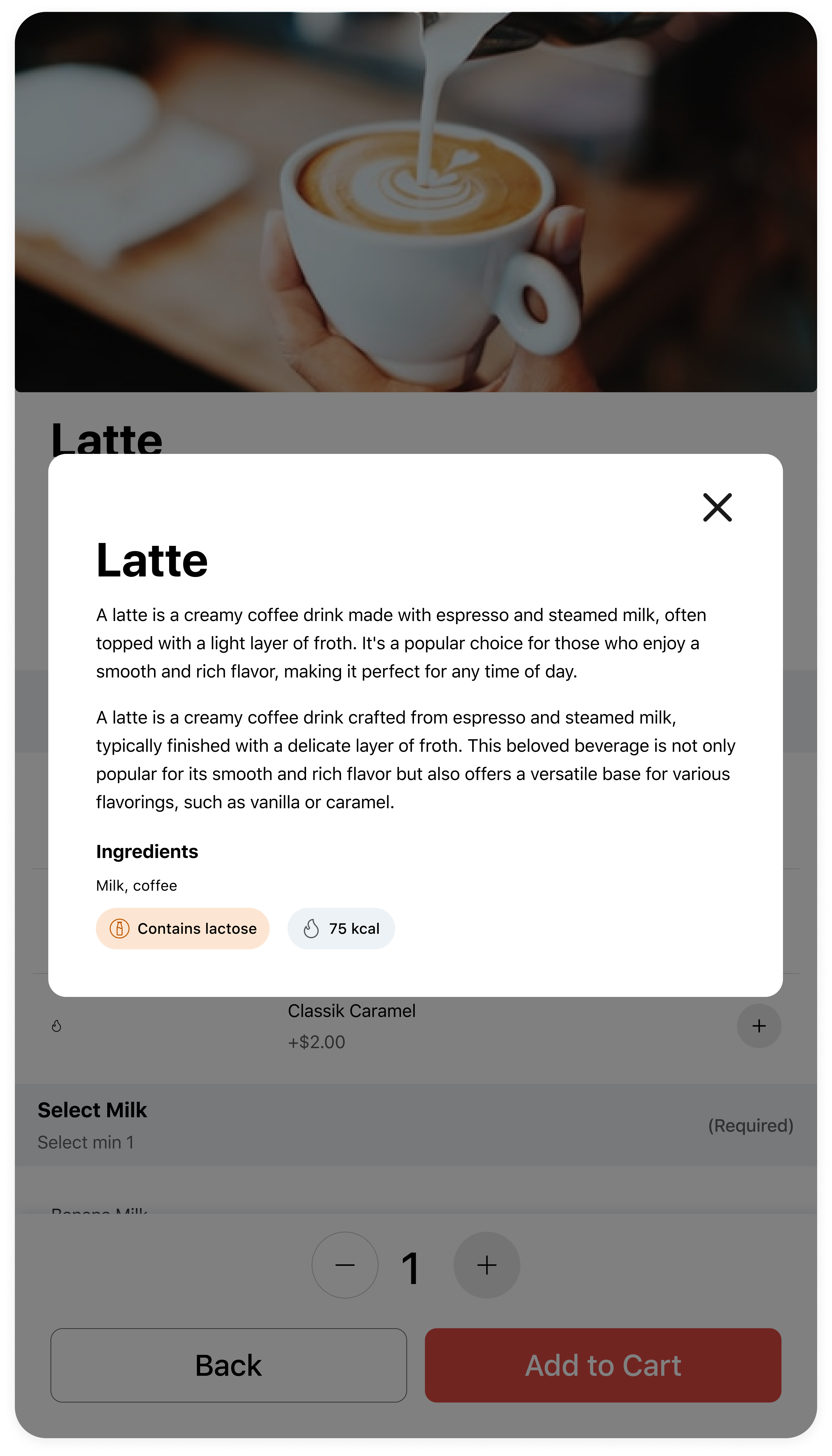 Product description modal with allergen and nutrition info